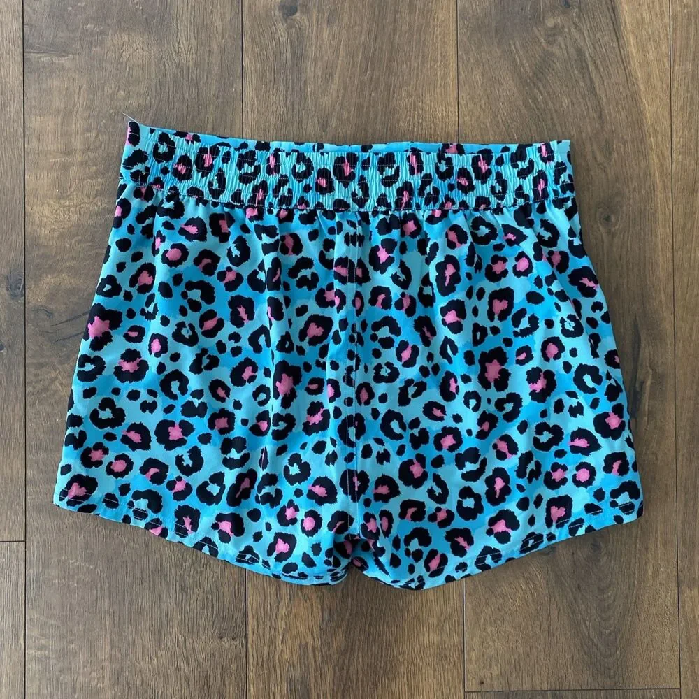 Tucann Swim Trunks Mens Medium Teal and Pink Leopard Board Shorts Lined Beach
